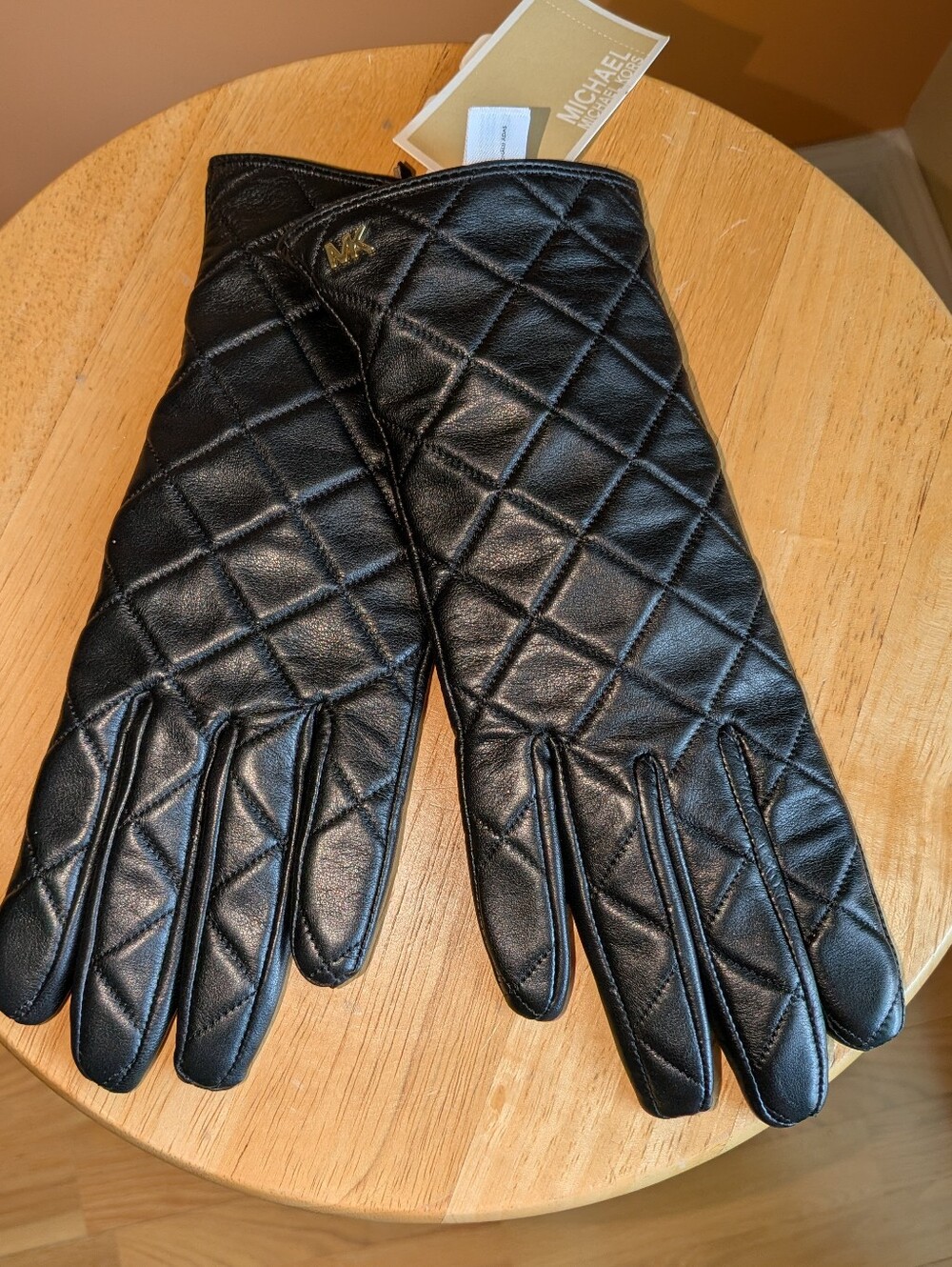 NEW Michael Kors Black Quilted Leather Gloves with MK Accent